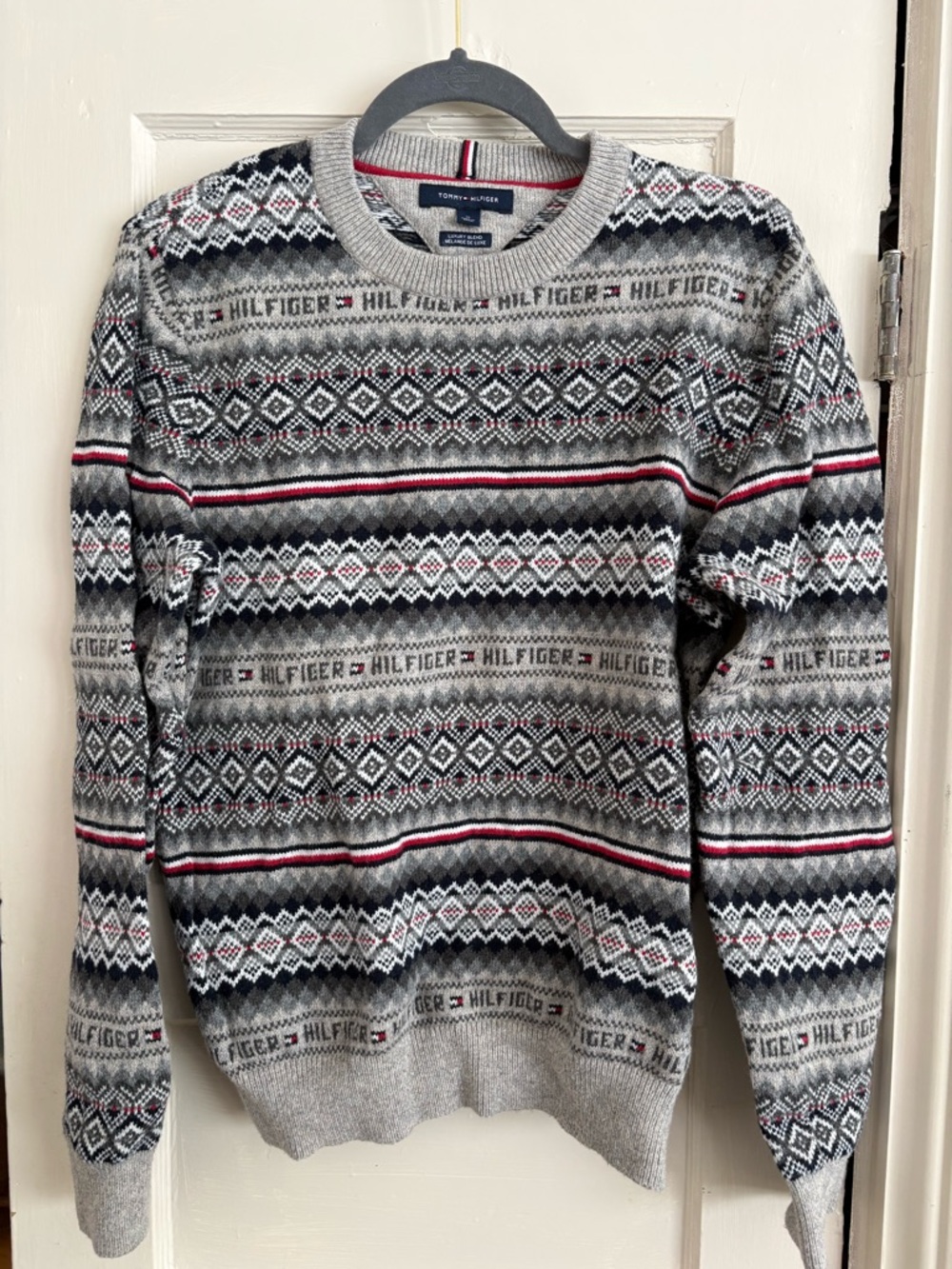 Tommy Hilfiger Gray Fair Isle Crewneck with Red & Navy Accents